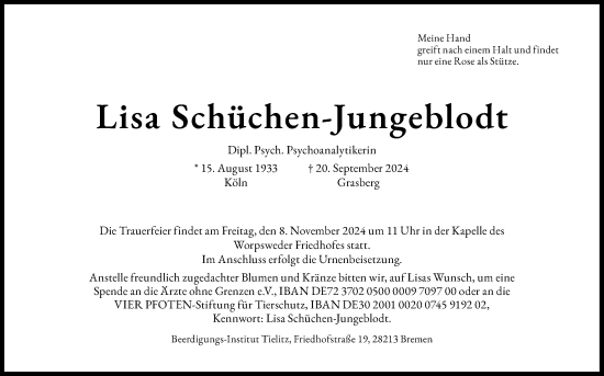 Anzeige von Lisa Schüchen-Jungeblodt von Kölner Stadt-Anzeiger / Kölnische Rundschau / Express