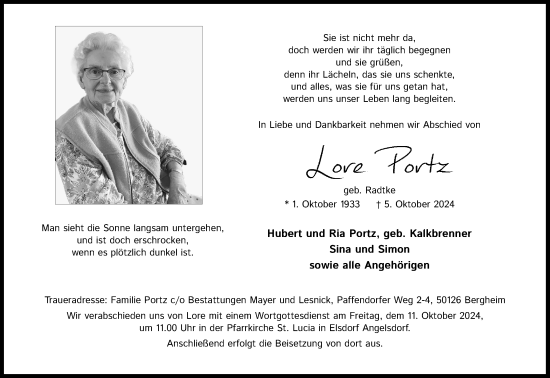 Anzeige von Lore Portz von Kölner Stadt-Anzeiger / Kölnische Rundschau / Express