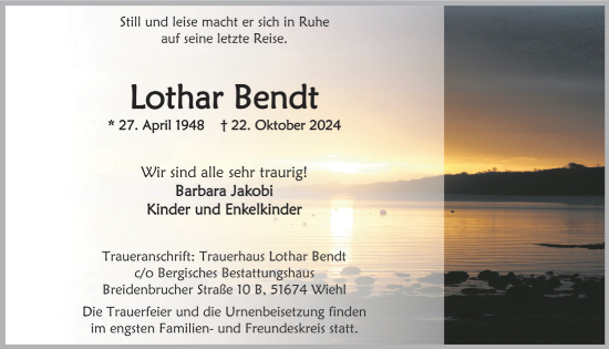 Anzeige von Lothar Bendt von  Anzeigen Echo 