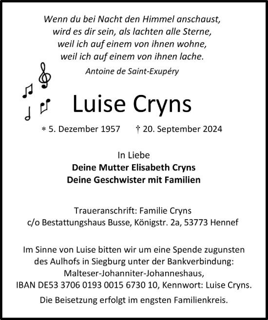 Anzeige von Luise Cryns von  Extra Blatt 