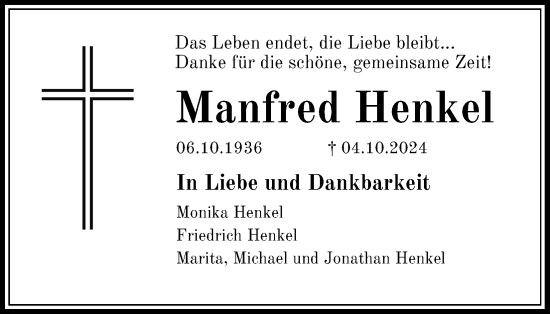 Anzeige von Manfred Henkel von Kölner Stadt-Anzeiger / Kölnische Rundschau / Express