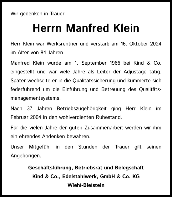 Anzeige von Manfred Klein von Kölner Stadt-Anzeiger / Kölnische Rundschau / Express