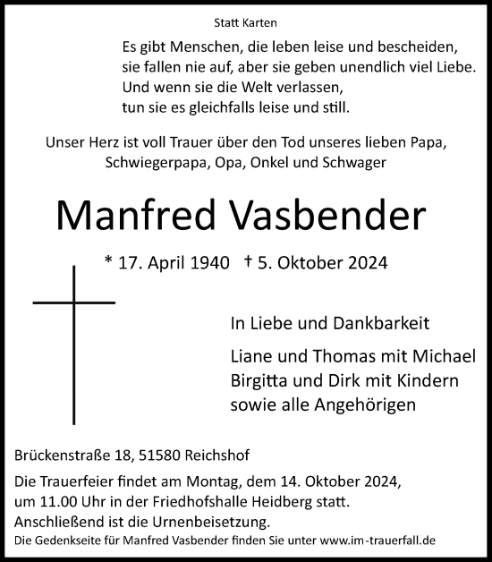 Anzeige von Manfred Vasbender von Kölner Stadt-Anzeiger / Kölnische Rundschau / Express