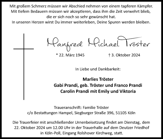 Anzeige von Manfred Michael Tröster von Kölner Stadt-Anzeiger / Kölnische Rundschau / Express