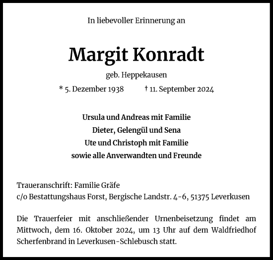 Anzeige von Margit Konradt von Kölner Stadt-Anzeiger / Kölnische Rundschau / Express