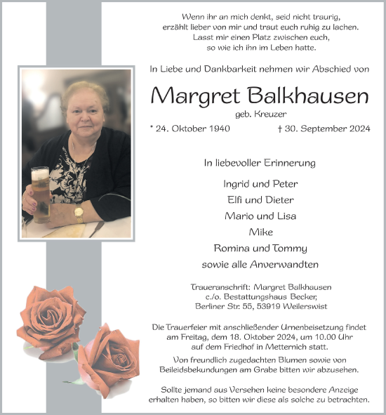 Anzeige von Margret Balkhausen von  Blickpunkt Euskirchen 