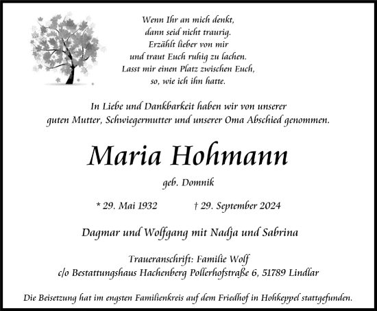Anzeige von Maria Hohmann von  Anzeigen Echo 