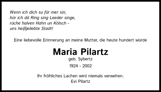 Anzeige von Maria Pilartz von Kölner Stadt-Anzeiger / Kölnische Rundschau / Express