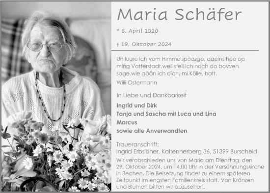 Anzeige von Maria Schäfer von  Bergisches Handelsblatt 