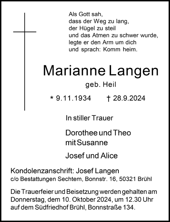 Anzeige von Marianne Langen von  Schlossbote/Werbekurier 