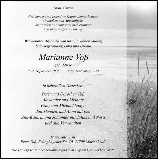 Anzeige von Marianne Voß von  Anzeigen Echo 