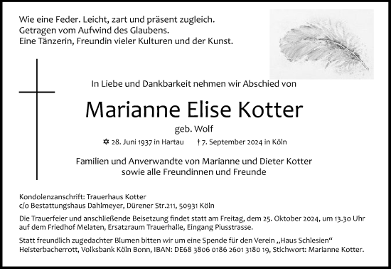 Anzeige von Marianne ELise Kotter von Kölner Stadt-Anzeiger / Kölnische Rundschau / Express