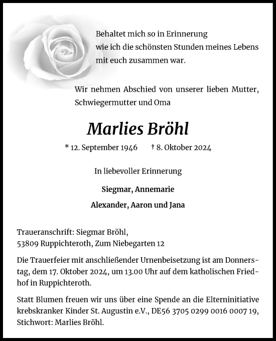 Anzeige von Marlies Bröhl von Kölner Stadt-Anzeiger / Kölnische Rundschau / Express