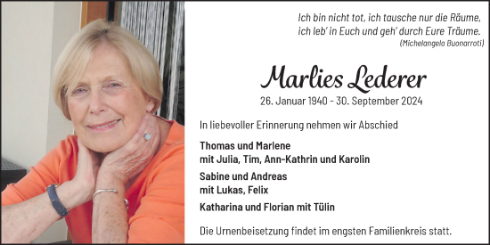 Anzeige von Marlies Lederer von  Schaufenster/Blickpunkt 