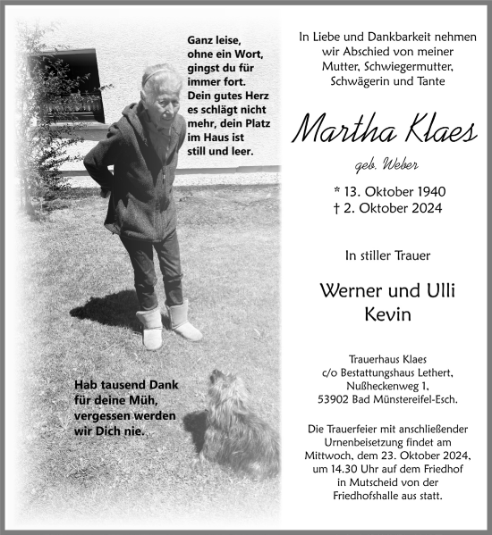 Anzeige von Martha Klaes von  Blickpunkt Euskirchen 