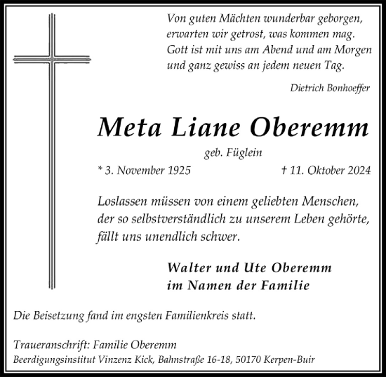 Anzeige von Meta Liane Oberemm von  Werbepost 