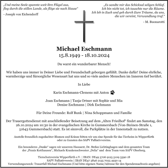 Anzeige von Michael Eschmann von Kölner Stadt-Anzeiger / Kölnische Rundschau / Express