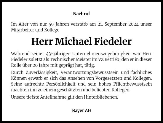 Anzeige von Michael Fiedeler von Kölner Stadt-Anzeiger / Kölnische Rundschau / Express