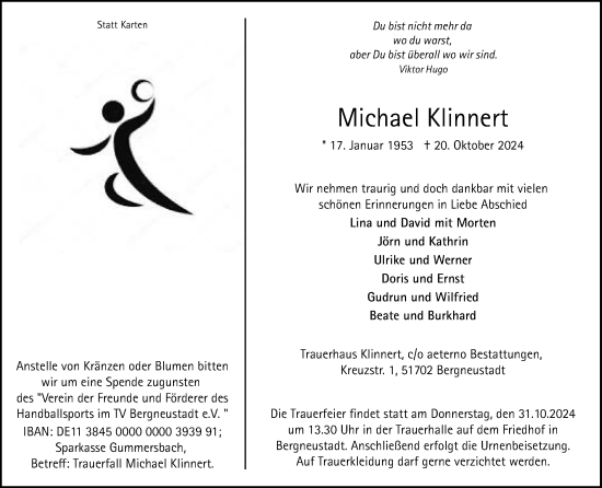 Anzeige von Michael Klinnert von Kölner Stadt-Anzeiger / Kölnische Rundschau / Express