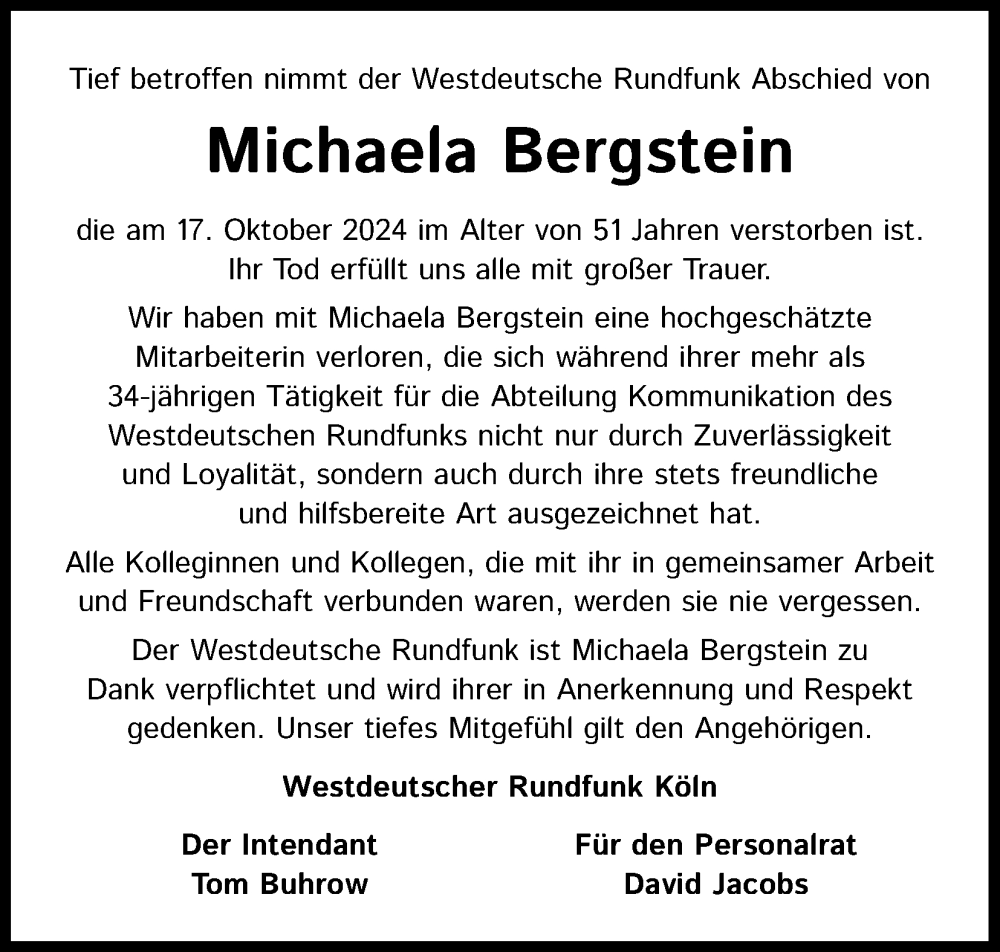  Traueranzeige für Michaela Bergstein vom 26.10.2024 aus Kölner Stadt-Anzeiger / Kölnische Rundschau / Express