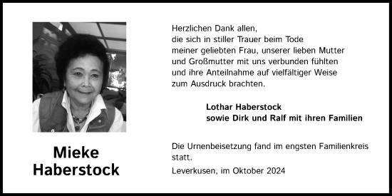 Anzeige von Mieke Haberstock von Kölner Stadt-Anzeiger / Kölnische Rundschau / Express