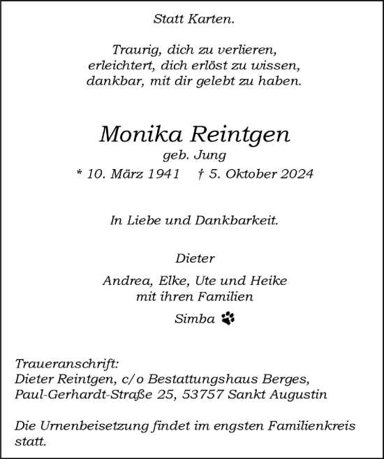 Anzeige von Monika Reintgen von  Extra Blatt 