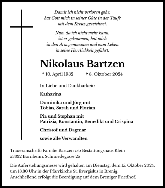 Anzeige von Nikolaus Bartzen von Kölner Stadt-Anzeiger / Kölnische Rundschau / Express