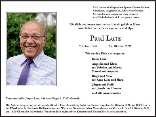 Anzeige von Paul Lutz von Kölner Stadt-Anzeiger / Kölnische Rundschau / Express