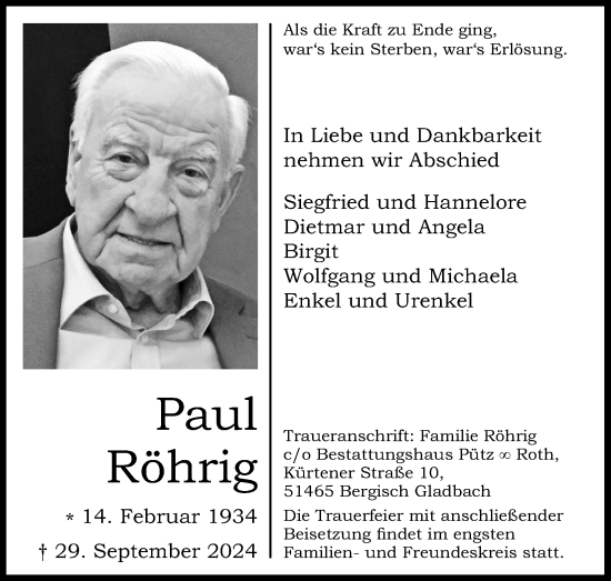 Anzeige von Paul Röhrig von Kölner Stadt-Anzeiger / Kölnische Rundschau / Express