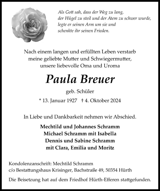Anzeige von Paula Breuer von  Wochenende 