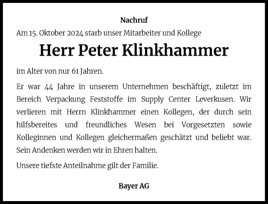 Anzeige von Peter Klinkhammer von Kölner Stadt-Anzeiger / Kölnische Rundschau / Express