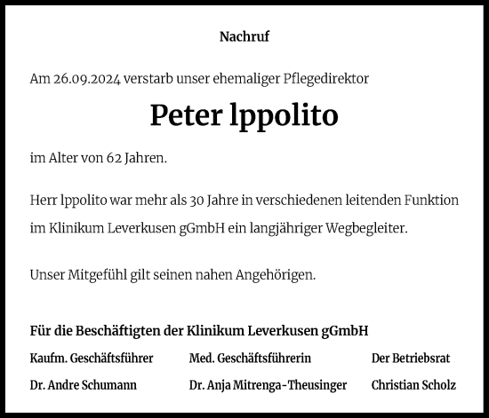 Anzeige von Peter lppolito von Kölner Stadt-Anzeiger / Kölnische Rundschau / Express