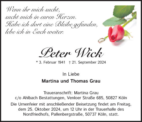 Anzeige von Peter Wick von Kölner Stadt-Anzeiger / Kölnische Rundschau / Express
