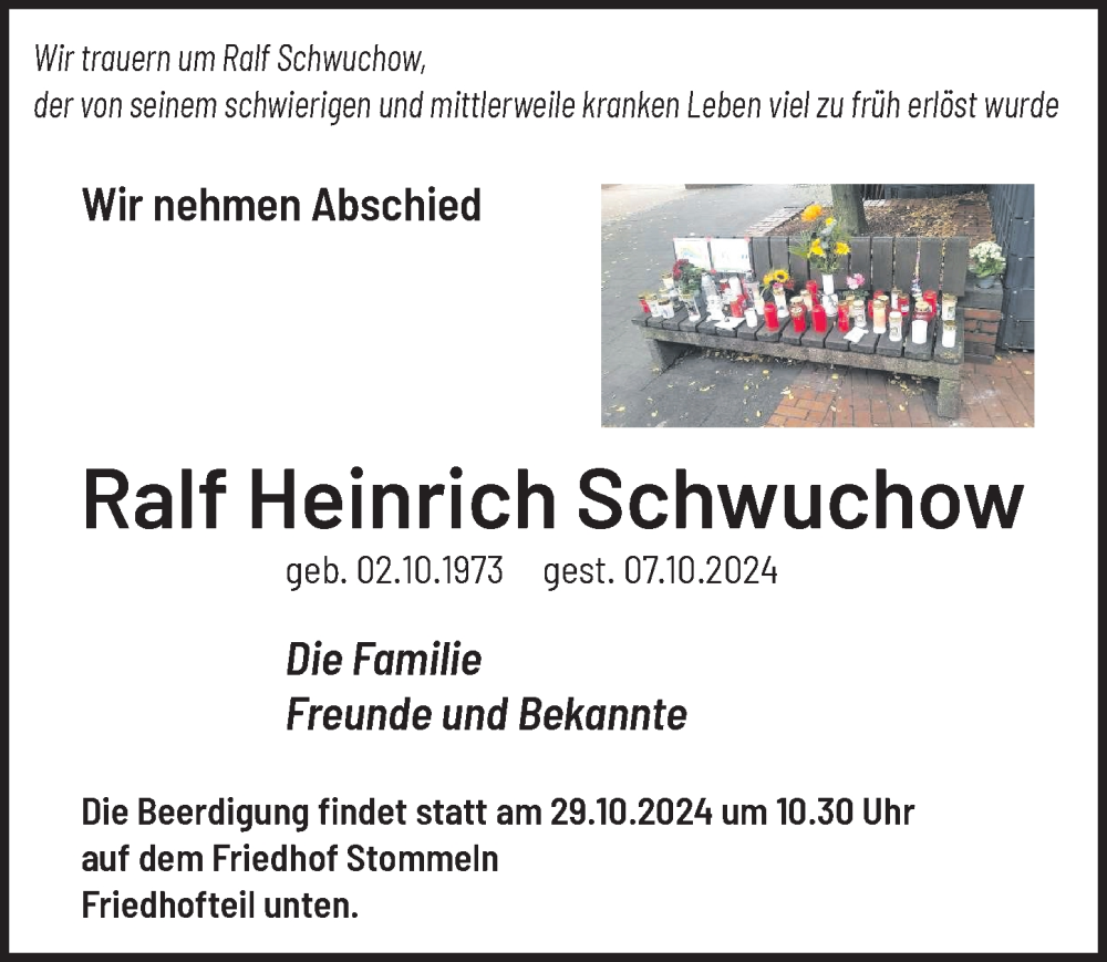  Traueranzeige für Ralf Heinrich Schwuchow vom 18.10.2024 aus  Wochenende 
