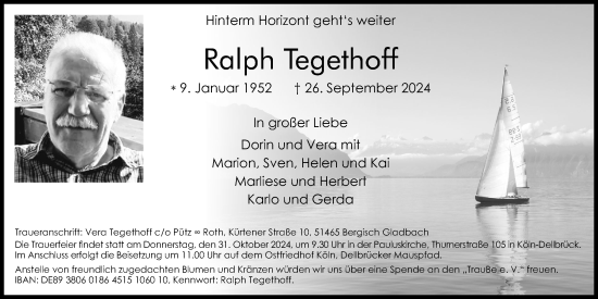 Anzeige von Ralph Tegethoff von Kölner Stadt-Anzeiger / Kölnische Rundschau / Express