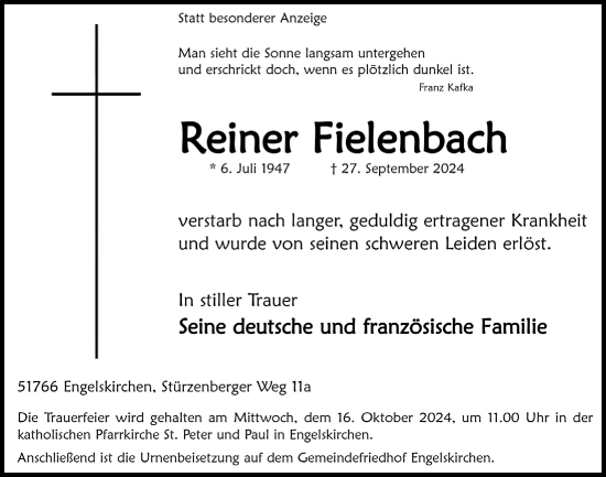 Anzeige von Reiner Fielenbach von  Anzeigen Echo 