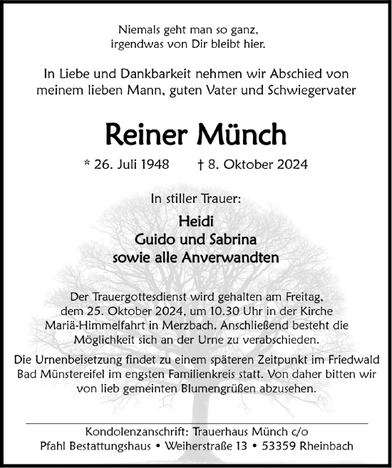 Anzeige von Reiner Münch von  Schaufenster/Blickpunkt 