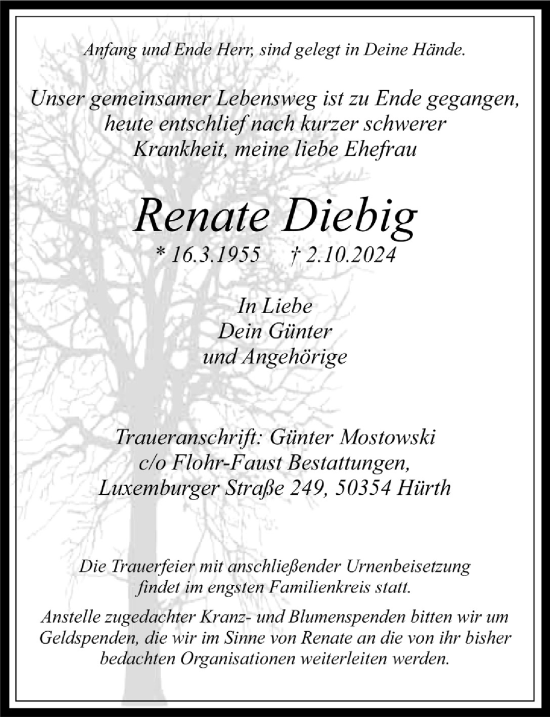 Anzeige von Renate Diebig von  Wochenende 