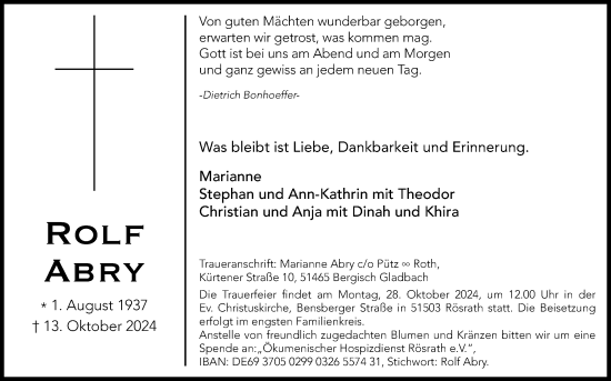 Anzeige von Rolf Abry von Kölner Stadt-Anzeiger / Kölnische Rundschau / Express