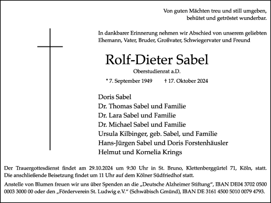 Anzeige von Rolf-Dieter Sabel von Kölner Stadt-Anzeiger / Kölnische Rundschau / Express