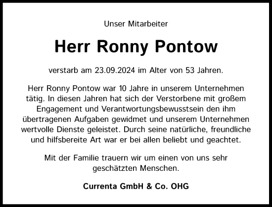 Anzeige von Ronny Pontow von Kölner Stadt-Anzeiger / Kölnische Rundschau / Express