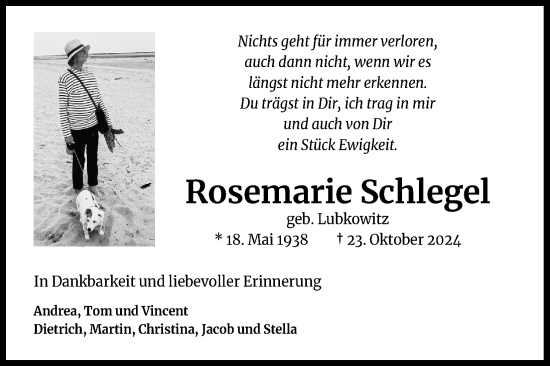 Anzeige von Rosemarie Schlegel von Kölner Stadt-Anzeiger / Kölnische Rundschau / Express