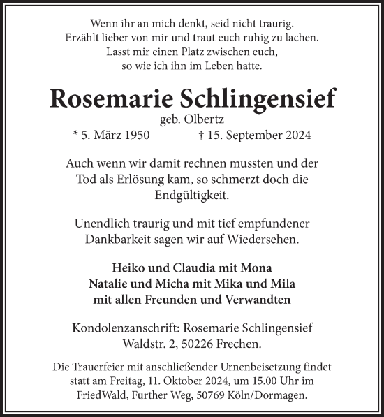 Anzeige von Rosemarie Schlingensief von  Wochenende 