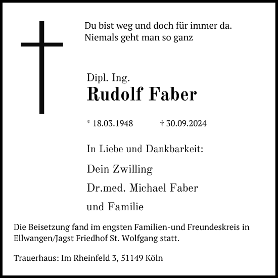 Anzeige von Rudolf Faber von Kölner Stadt-Anzeiger / Kölnische Rundschau / Express