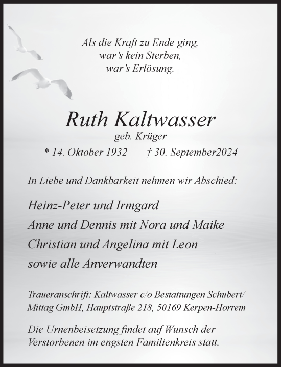 Anzeige von Ruth Kaltwasser von  Wochenende 