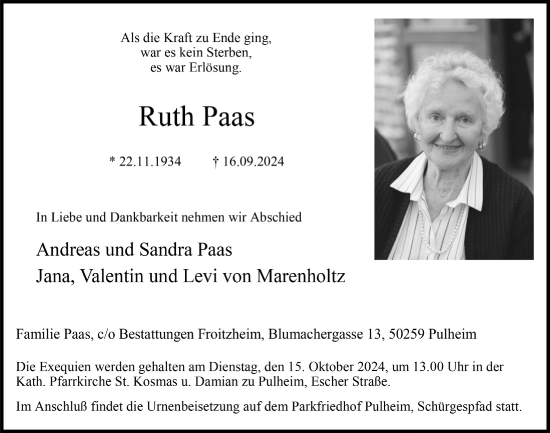 Anzeige von Ruth Paas von  Wochenende 