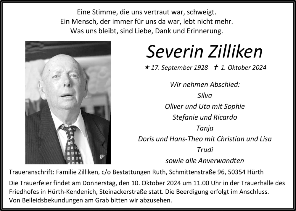  Traueranzeige für Severin Zilliken vom 04.10.2024 aus  Wochenende 