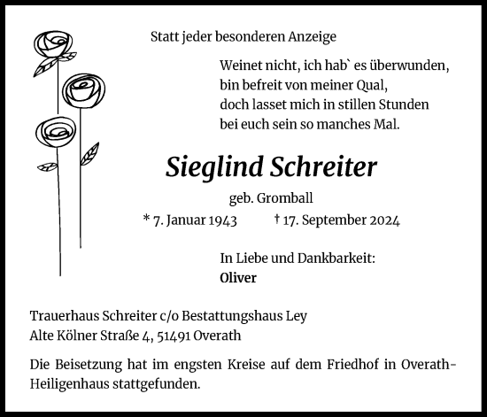 Anzeige von Sieglind Schreiter von Kölner Stadt-Anzeiger / Kölnische Rundschau / Express
