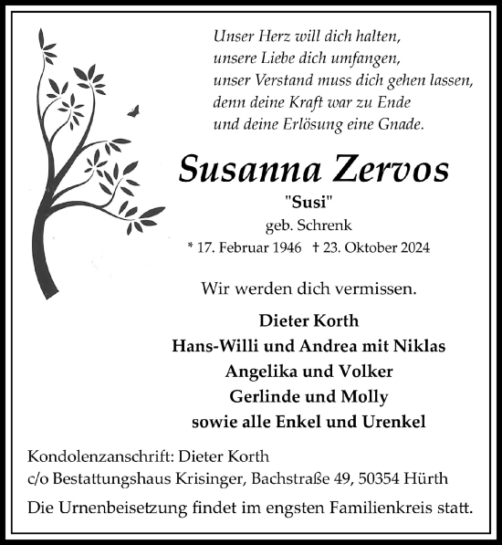 Anzeige von Susanna Zervos von  Wochenende 