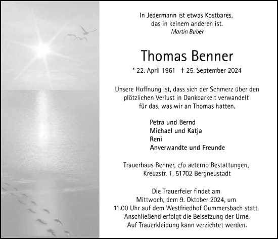 Anzeige von Thomas Benner von  Anzeigen Echo 